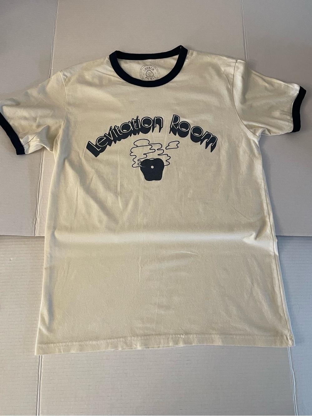 Cream 'Levitation Room' Graphic Ringer Tee with Black Trim